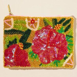 Hibiscus Flower Pink Seed Beaded Lipstick Coin Zipper Pouch CC Makeup Bag